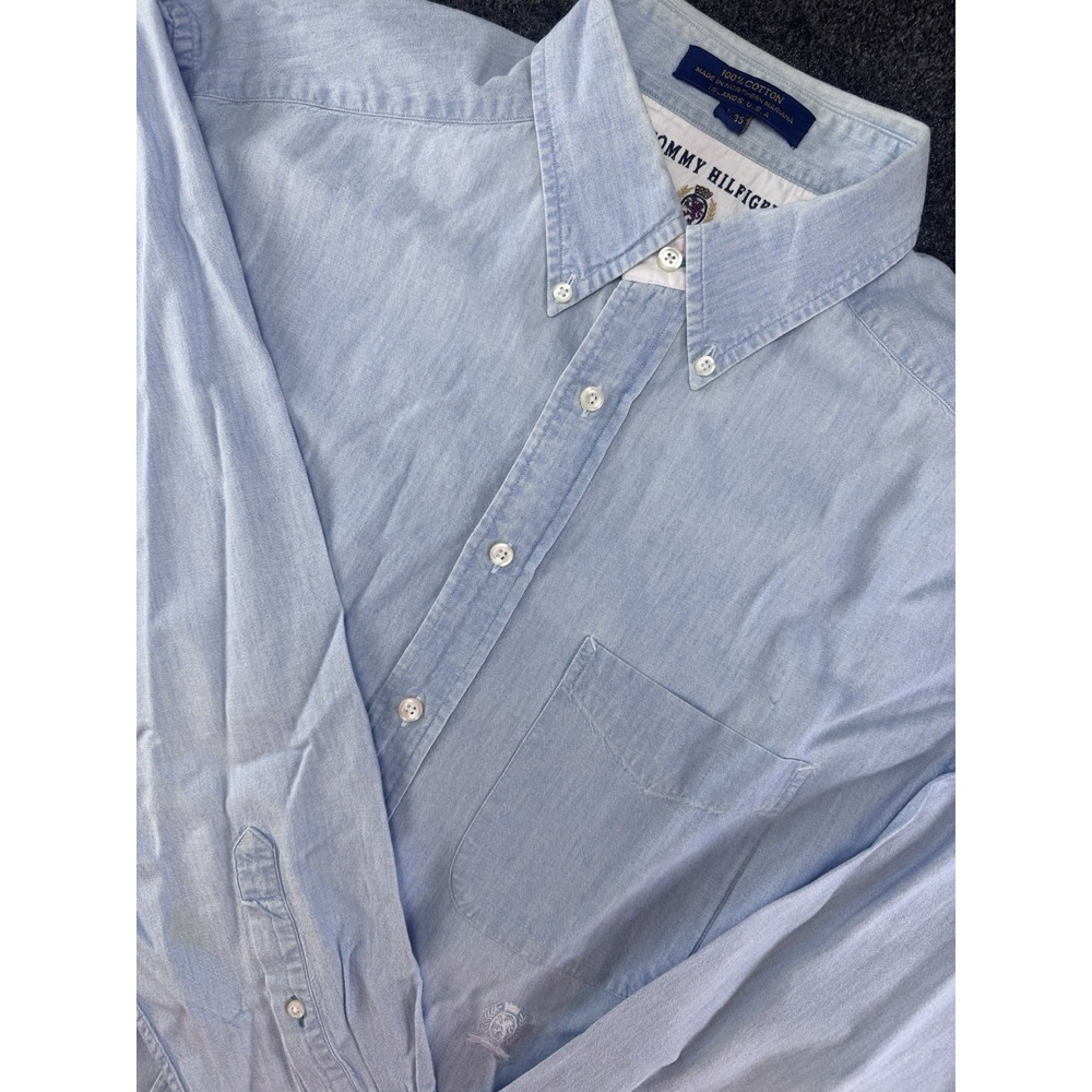 Tommy Hilfiger Button Down Shirt Mens 16.5x35 Light Blue Crest Cotton USA